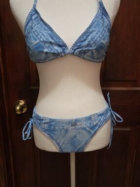 Women’s Blue Faux Denim Triangle Bikini Set